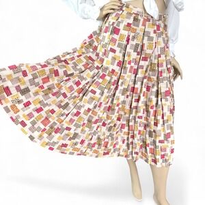 1950s Deadstock Pleated Cotton Novelty‎ Midi Skirt XXS | Fall Academia Chic